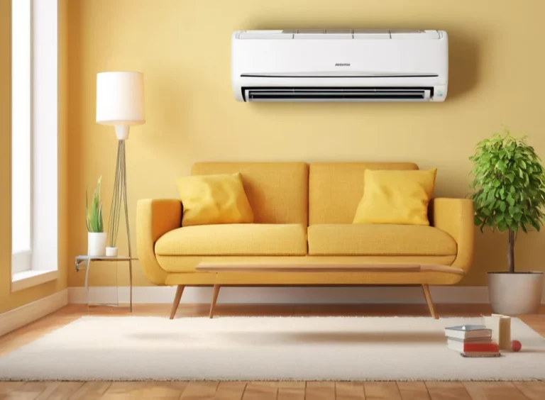 A modern living room with a ductless mini-split air conditioning unit mounted on a yellow wall above a stylish yellow sofa, surrounded by minimalistic decor including a potted plant and a floor lamp.