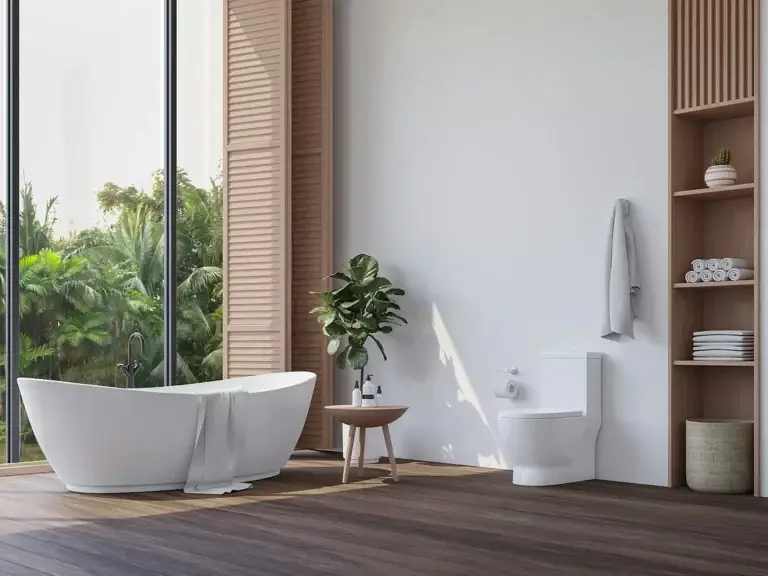 A serene modern bathroom with a freestanding white bathtub, a large floor-to-ceiling window showcasing lush greenery, a minimalist toilet, and neatly organized shelves with towels and decor.